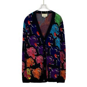 Gucci Multicolor Tiger Pattern Wool Cardigan Made In Italy
